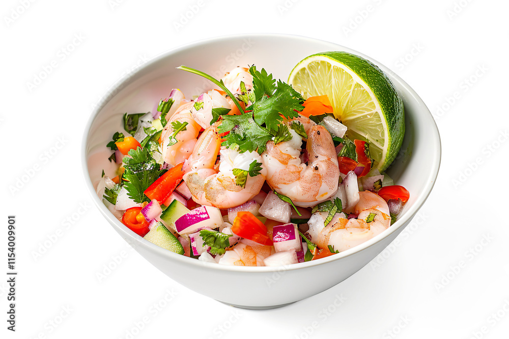 Fresh seafood ceviche with lime, cilantro, and vegetables in a white bowl on a transparent background Fresh seafood ceviche with lime, cilantro, and vegetables in a white bowl on a transparent background