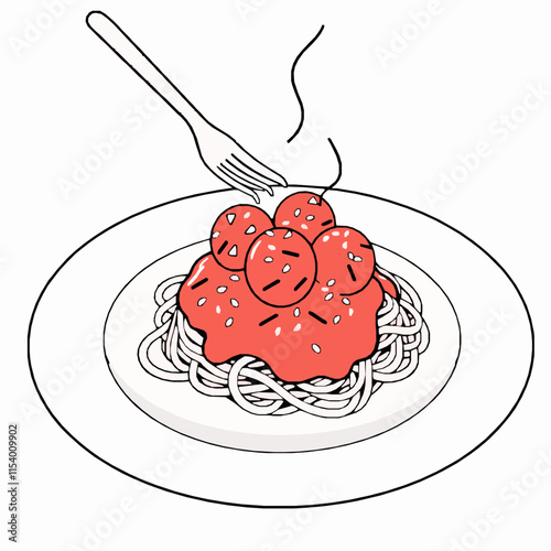 spaghetti outline vector illustration with marinara sauce and meatballs