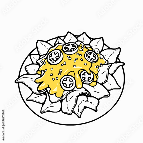 nachos outline vector illustration with cheese and jalapeños