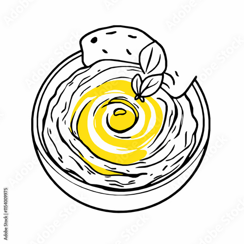 hummus bowl outline vector illustration with olive oil and pita bread