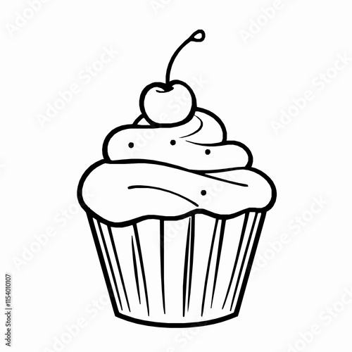 cupcake outline vector illustration with frosting and cherry
