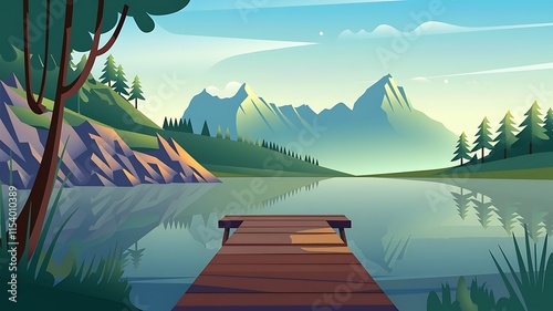 Serene Mountain Lake Scene With Wooden Dock