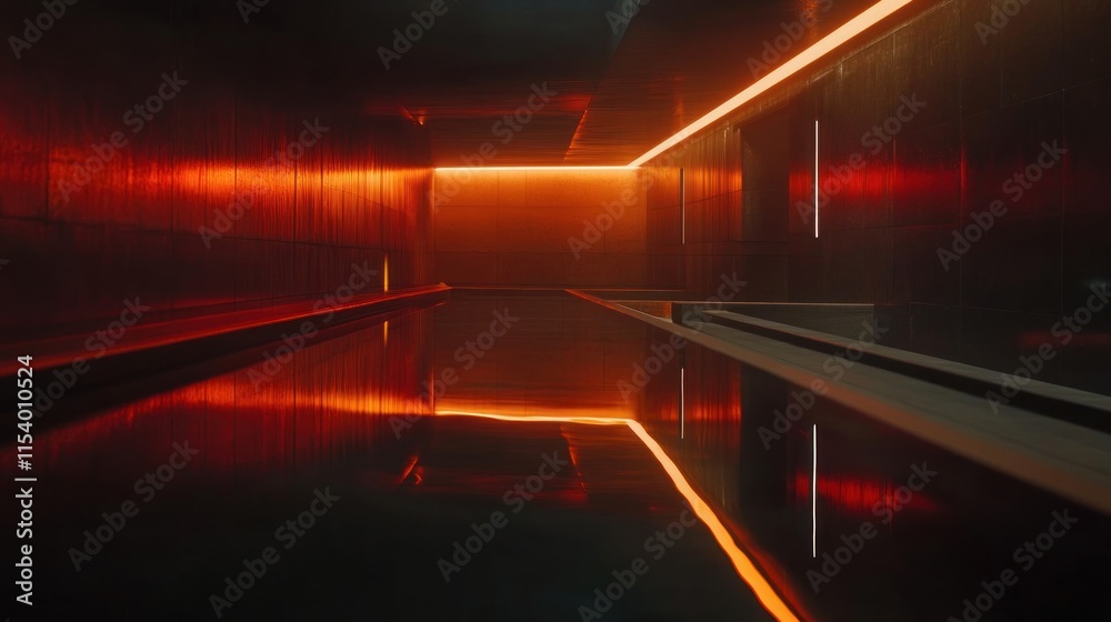 Red-lit indoor pool in modern minimalist architecture.
