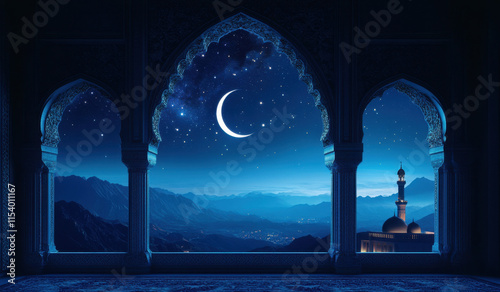 This serene Ramadan night showcases a beautifully designed window overlooking a starry sky, with a crescent moon illuminating a distant mosque and majestic mountains.
