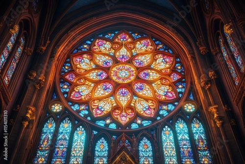 A massive stained glass rose window casts vibrant colors inside, creating a captivating atmosphere in the cathedral