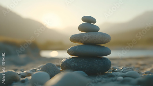 Meditative stone stacking event at serene lakeside nature photography tranquil sunrise view zen concept photo