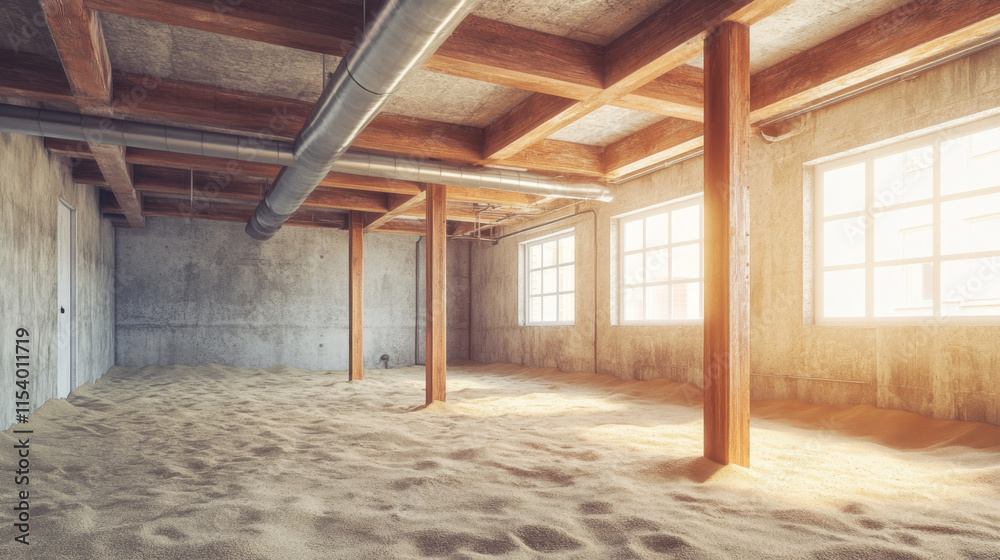 A spacious, empty basement features a sandy floor and wooden beams. Bright sunlight floods through large windows, creating a warm atmosphere. The walls are rough and unadorned. A spacious, empty basement features a sandy floor and wooden beams. Bright sunlight floods through large windows, creating a warm atmosphere. The walls are rough and unadorned.