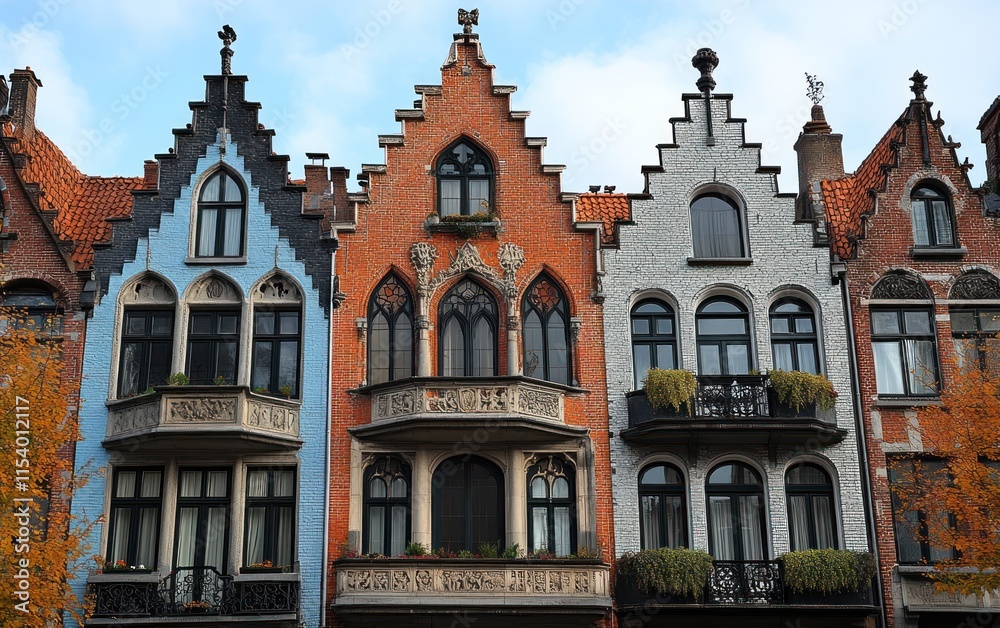 Fototapeta premium Intricate facades display an array of arched windows and decorative elements under a clear blue sky during daytime