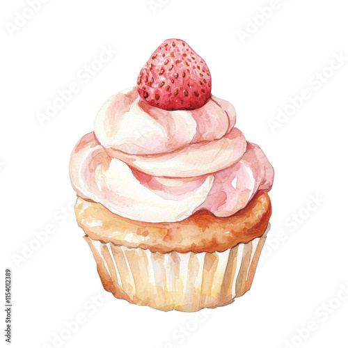 Colorful Pastry Illustration Featuring a Strawberry Topped Cupcake with Whipped Cream and Delicate Brush Strokes