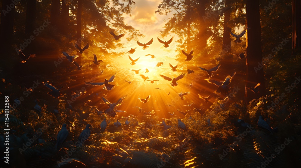 Fototapeta premium Sunset light bursts through forest canopy, illuminating flock of birds taking flight.