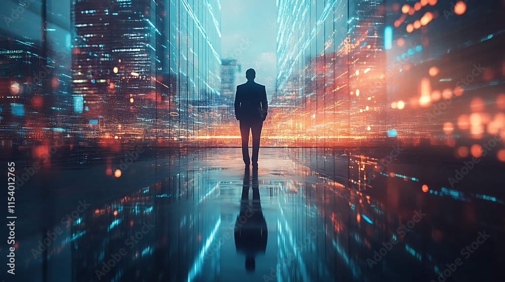 Urban businessman contemplating future in digital cityscape Urban businessman contemplating future in digital cityscape