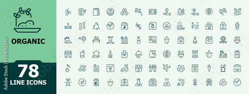 Organic icon set. Containing natural, allergen, food, cosmetic, sustainable, badge and more. Minimal linear icons. Vector illustration in modern line style.