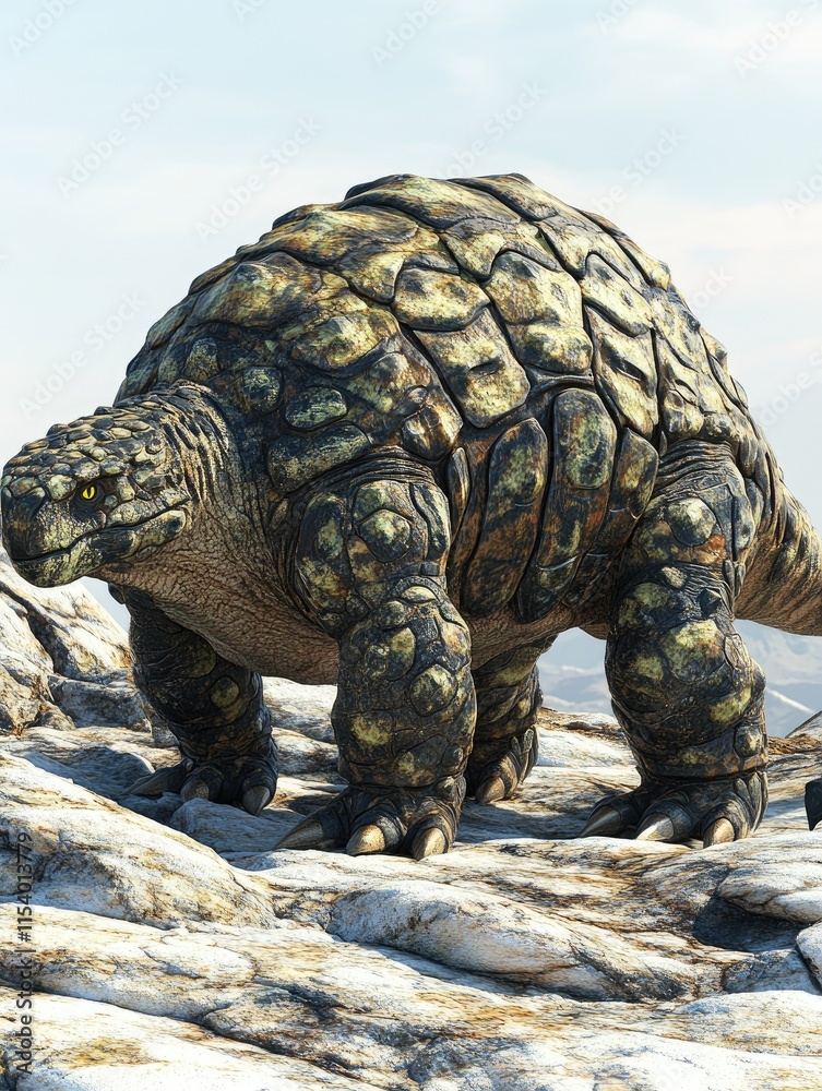 A large, prehistoric-looking tortoise-like creature standing on rocky terrain. A large, prehistoric-looking tortoise-like creature standing on rocky terrain.