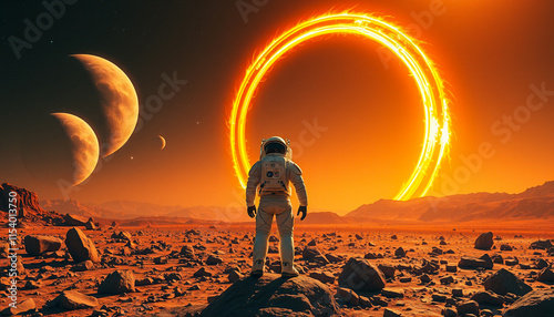 Astronaut witnessing fiery rings in alien desert, sci-fi concept art