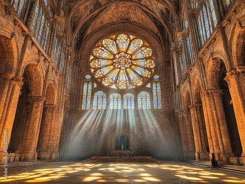 Light streams through a massive rose window, creating a serene atmosphere in the transept of an ancient cathedral photo