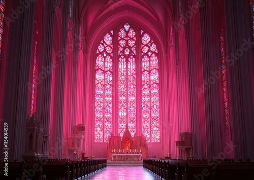 A stunning high altar is highlighted by colorful stained glass, adorned with detailed choir stalls in the sanctuary photo