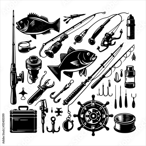Set of fishing supplies vector. Fishing tackle icons. Collection of Fishing elements silhouette illustration