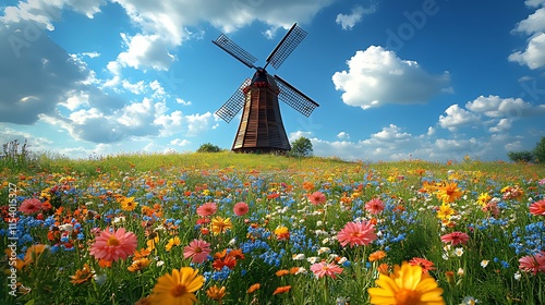 Sunny day, windmill in colorful flower field.
