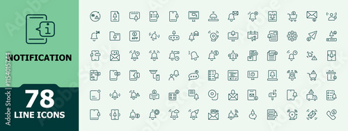 Notification icons set. Includes thin line message, art, clock, simple, alert, chat, attention, calendar. Collection for mobile and web apps. Minimalist editable stroke.