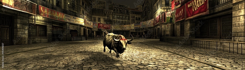 Fototapeta premium A bull running through a deserted cobblestone street adorned with colorful banners.