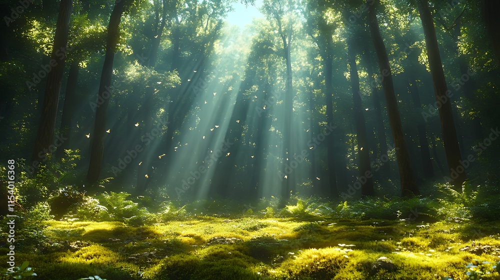 Obraz premium Sunbeams illuminate a mystical forest floor, dappled light filtering through trees, illuminating moss and foliage.