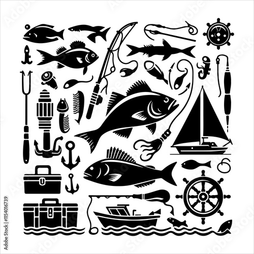 Set of fishing supplies vector. Fishing tackle icons. Collection of Fishing elements silhouette illustration