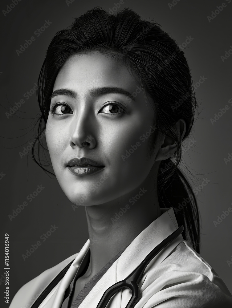 A black and white photo of a woman with a stethoscope on her neck A black and white photo of a woman with a stethoscope on her neck