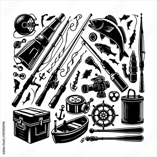 Set of fishing supplies vector. Fishing tackle icons. Collection of Fishing elements silhouette illustration