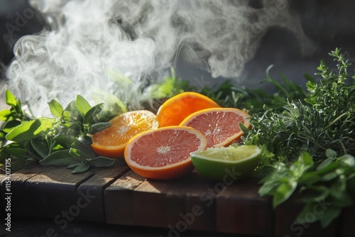 Herbal tea with steam rising, surrounded by fresh herbs and slices of citrus photo