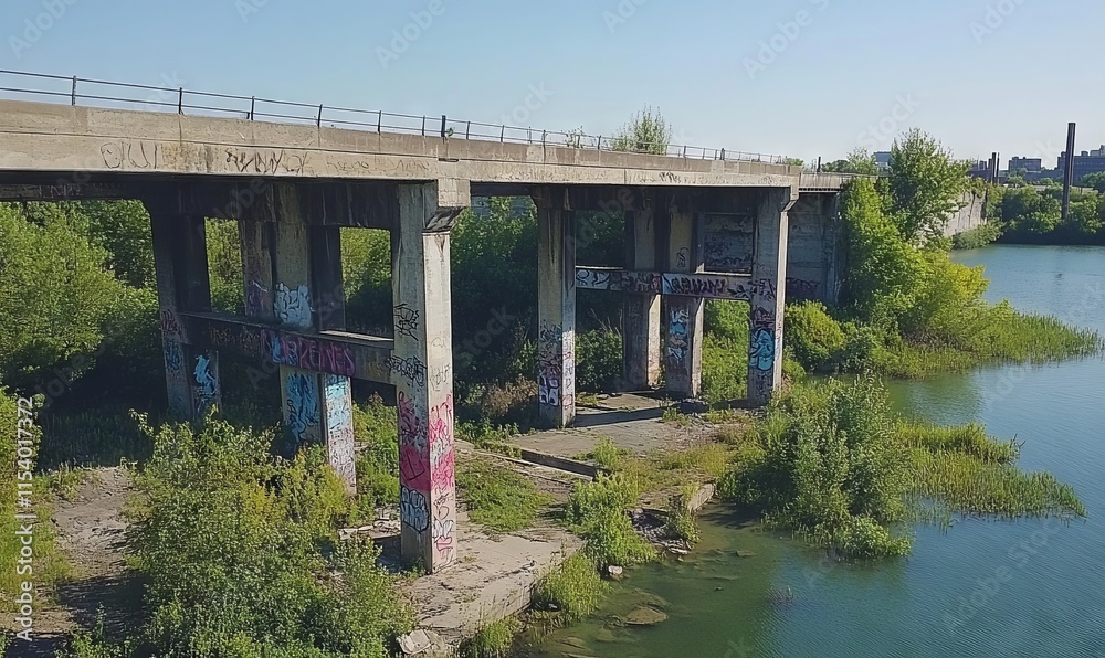 Abandoned Bridge Over River in Buffalo, NY with Graffiti and Overgrown Greenery, AI generated illustration Abandoned Bridge Over River in Buffalo, NY with Graffiti and Overgrown Greenery, AI generated illustration