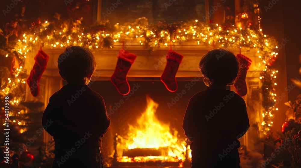 Obraz premium Children Watching Fireplace During Cozy Christmas Evening