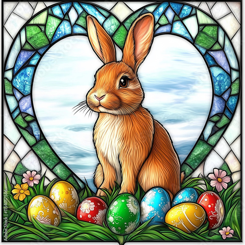 Stained glass heart-shaped frame with rabbit, Easter eggs, flowers, and grass on a white background