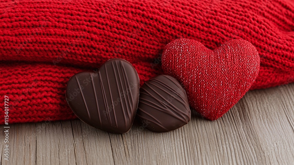 Two chocolate hearts and one red glitter heart on a red knitted sweater. Two chocolate hearts and one red glitter heart on a red knitted sweater.