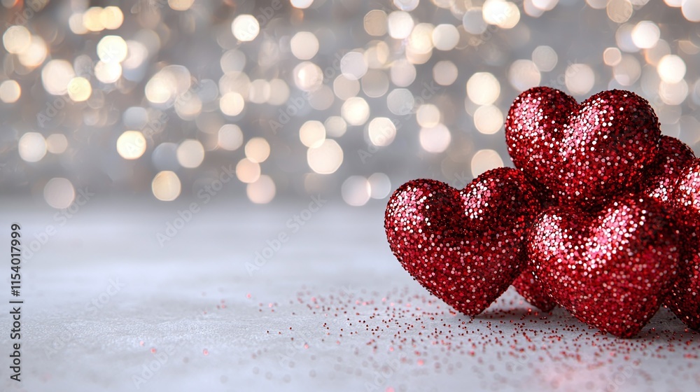 Red glitter hearts on light background with bokeh.