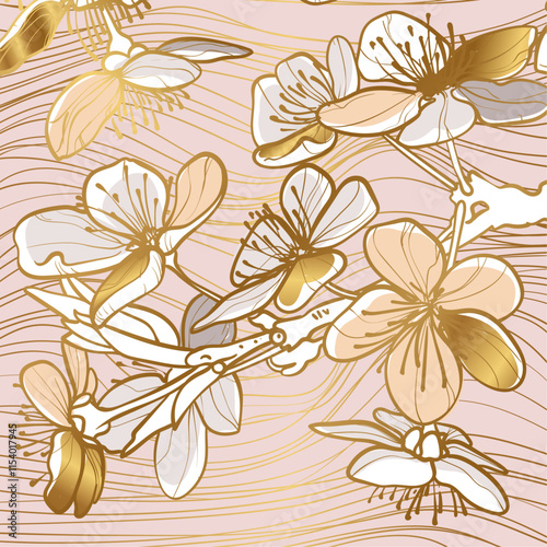 Vector line art and flat fill golden cherry blossoms flowers in square design. Elegant and luxurious design for invitations or social media posts. Hand drawn vector graphic assets for prints or online