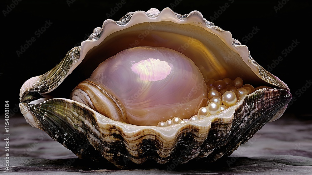 Large iridescent pearl nestled in oyster shell with smaller pearls. Large iridescent pearl nestled in oyster shell with smaller pearls.
