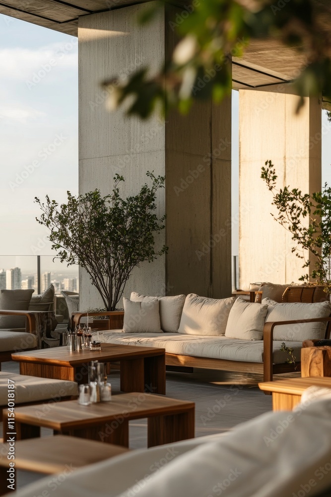 Obraz premium Minimalist rooftop bar with skyline views, modern furniture, and a menu of curated craft cocktails