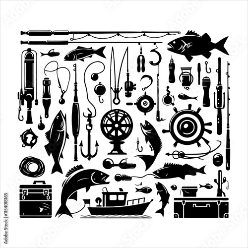 Set of fishing supplies vector. Fishing tackle icons. Collection of Fishing elements silhouette illustration