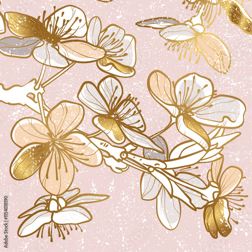 Vector line art and flat fill golden cherry blossoms flowers in square design. Elegant and luxurious design for invitations or social media posts. Hand drawn vector graphic assets for prints or online