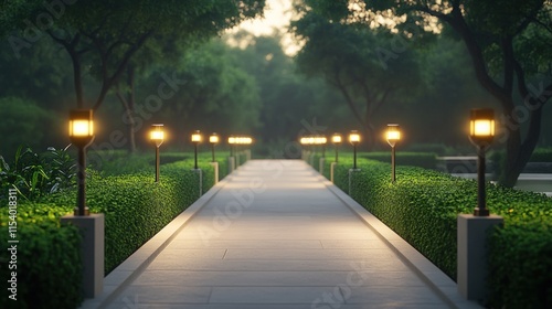 Serene pathway in park at dusk, illuminated by lamps.