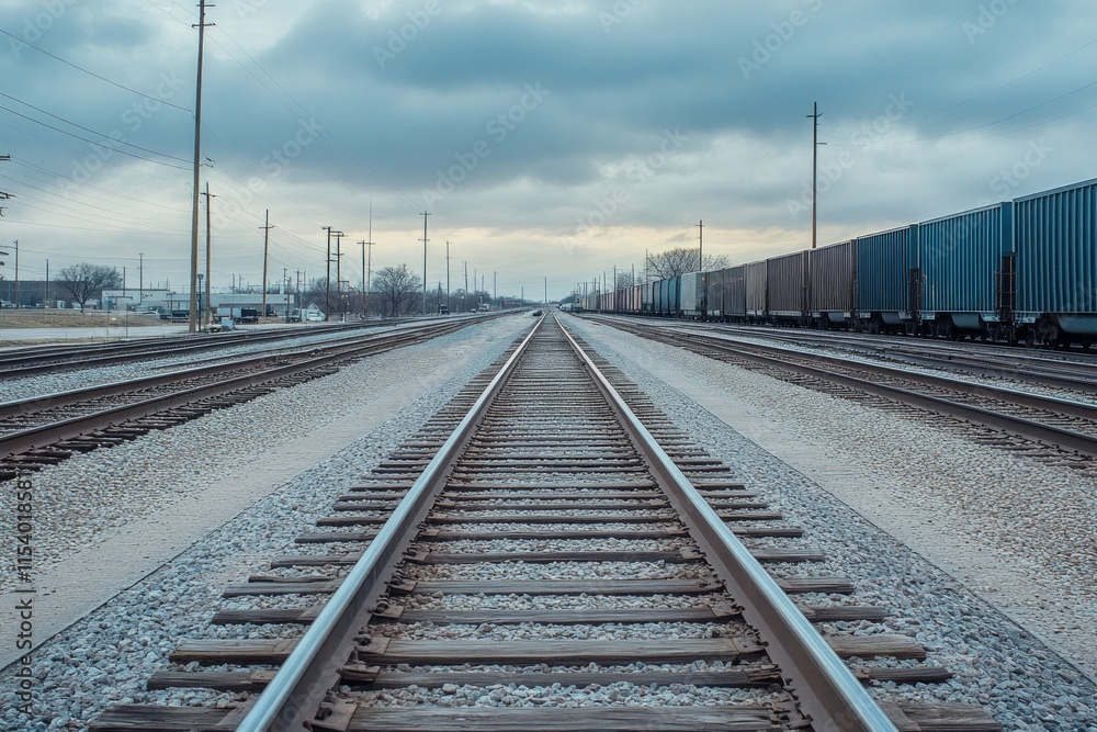Fototapeta premium A Timeless Perspective of Railroad Tracks and Freight Cars Under a Cloudy Sky