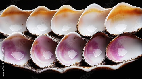 Close-up of a chiton shell with multiple plates, exhibiting vibrant pink and white hues against a black backdrop. photo