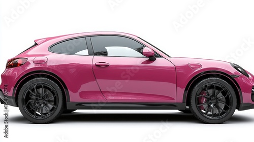 Side profile of a pink modern coupe on white background.