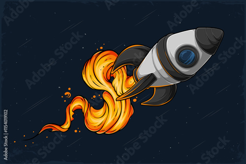Hand drawn astronomic space rocket unleashing fire in outer space full with comets and asteroids