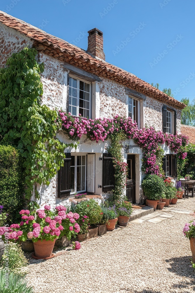 A charming country home with steep dormer windows and bright flowers creates a warm, inviting atmosphere A charming country home with steep dormer windows and bright flowers creates a warm, inviting atmosphere