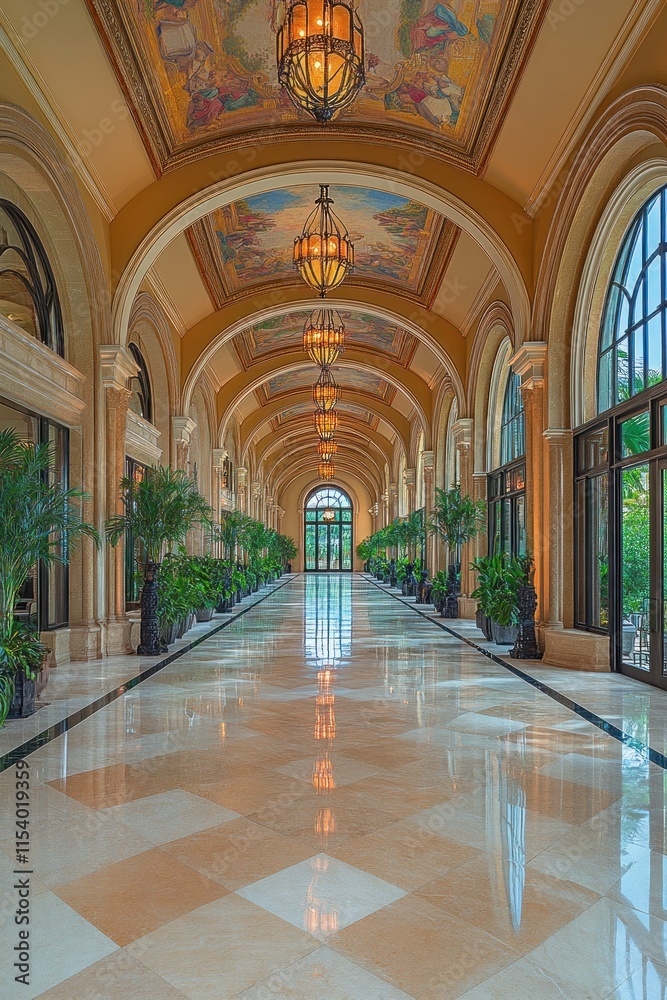 Fototapeta premium This grand salon boasts a fresco ceiling, marble floors, and tall arched windows for added elegance