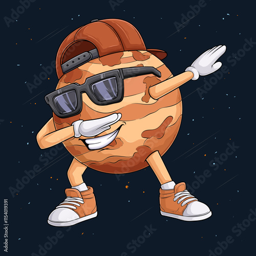 Hand drawn Venus planet character wearing brown cap, sunglasses doing dab dance, dabbing Venus