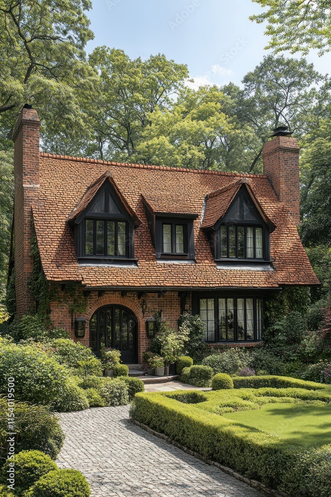 Charming country home showcasing dormer windows on a steep roof surrounded by verdant greenery and manicured gardens Charming country home showcasing dormer windows on a steep roof surrounded by verdant greenery and manicured gardens