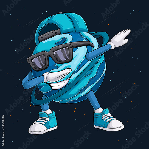 Hand drawn Uranus planet character wearing blue cap, sunglasses doing dab dance, dabbing Uranus