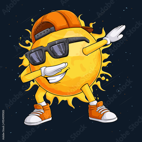 Hand drawn golden shiny sun character wearing orange cap, sunglasses doing dab dance, sun dabbing